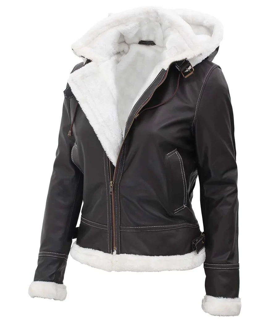 Womens Shearling Dark Brown Bomber Leather Jacket with Removable Hood